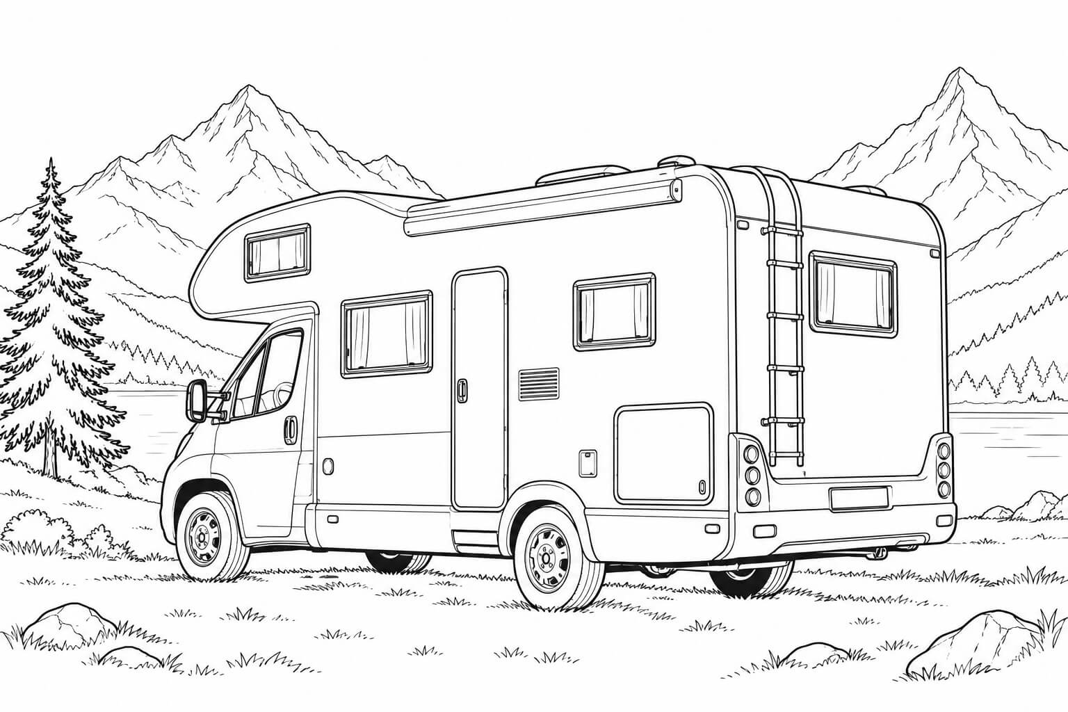 Wohnmobil realistisch in den bergen ausmalbild zum Ausmalen