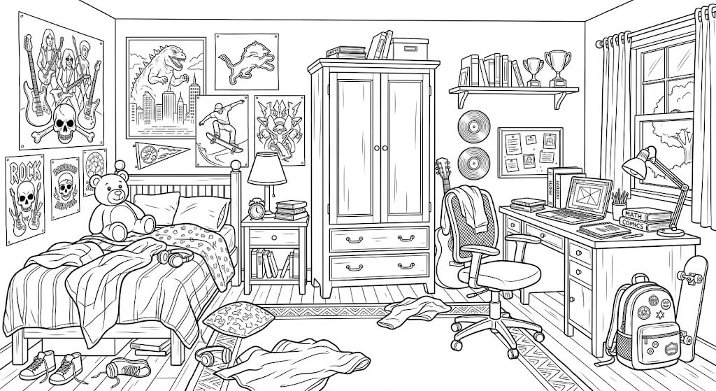 Detailliertes jugendzimmer ausmalbild zum Ausmalen